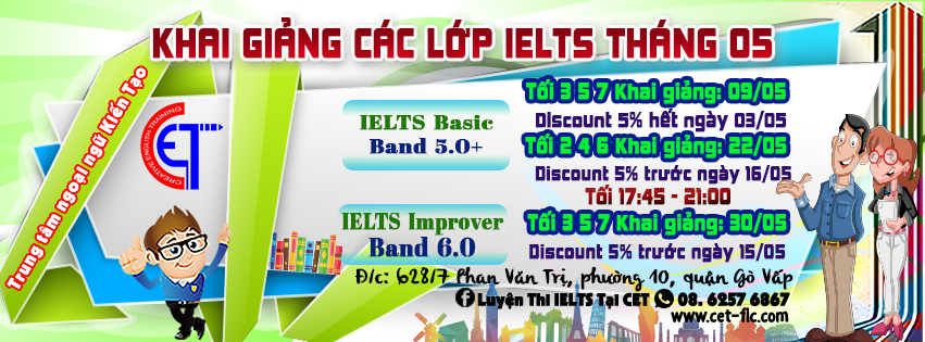 Ielts Cet Thầy Hiếu khai giảng các lớp tháng 5/2017